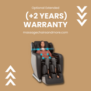 Woman using a massage chair with an extended warranty offer on a brown background