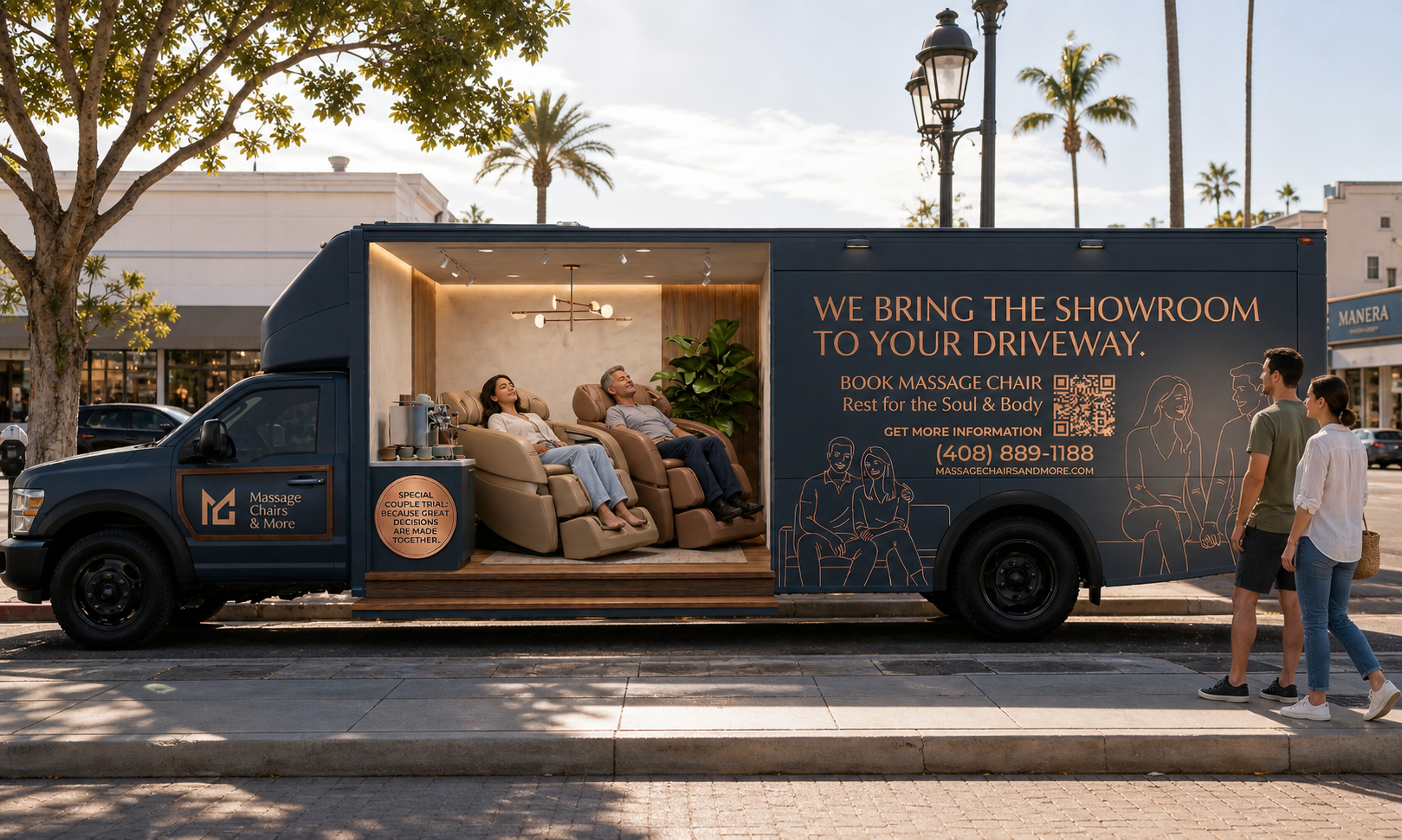 Couple experiencing premium massage chairs inside the mobile showroom